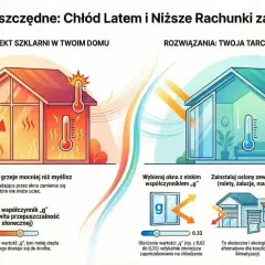 Okna pasywne wymagania techniczne a rygorystyczne normy WT 2021: ilustracja pokazuje problem przegrzewania domu latem i rozwiązania, jak okna z niskim współczynnikiem "g".