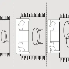 Jak dobrać idealny rozmiar dywanu pod kanapę? Ilustracja pokazuje trzy przykłady aranżacji z kanapą i dywanem, prezentując różne proporcje.