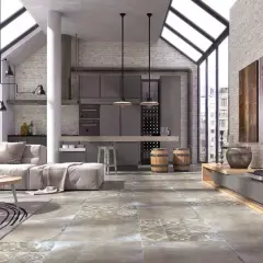 Nowoczesny salon z gres na podłodze w salonie czy to praktyczne bez ogrzewania podłogowego? Styl industrialny, cegła, duże okna.