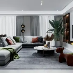 Nowoczesny salon z szarą kanapą i telewizorem 65 cali. Jaka odległość kanapy od telewizora 65 cali zasady? Idealna do relaksu.