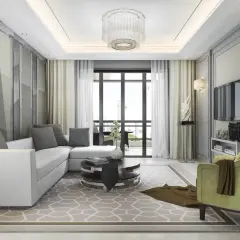 Nowoczesny salon z białym narożnikiem, zielonym fotelem i geometryczną tapetą. Czy sufit podwieszany w salonie o wysokości 250 cm to dobry pomysł? Tak, dodaje elegancji.