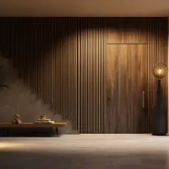 Nowoczesny salon z ukrytymi drzwiami w salonie, pomalowanymi tak, by wtopiły się w drewnianą boazerię.