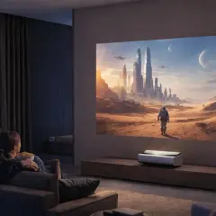 Para w salonie ogląda film science-fiction na wielkim ekranie. Czy projektory krótkiego rzutu zamiast telewizora do salonu to dobry pomysł?