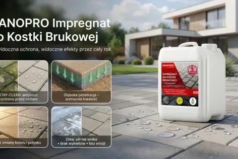Impregnacja schodów zewnętrznych z kostki brukowej przed solą i mrozem. NANOPRO chroni przed wilgocią, mchem i erozją, zachowując naturalny wygląd.