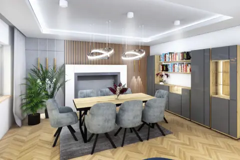 Nowoczesny salon: jak zmodernizować salon z lat 90 bez generalnego remontu. Drewniane lamele, szare meble i designerskie oświetlenie.