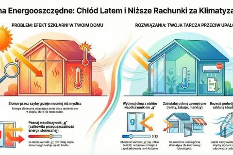 Okna pasywne wymagania techniczne a rygorystyczne normy WT 2021: ilustracja pokazuje problem przegrzewania domu latem i rozwiązania, jak okna z niskim współczynnikiem "g".
