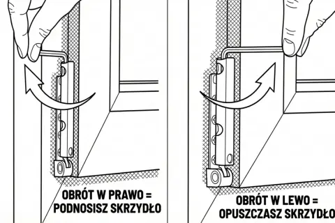 Regulacja docisku skrzydła okiennego kluczem imbusowym: obrót w prawo podnosi, w lewo opuszcza. Krok po kroku.