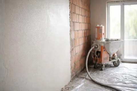 Maszyna tynkarska w trakcie pracy. Jaki tynk gipsowy czy cementowo wapienny lepszy do wilgotnej łazienki?