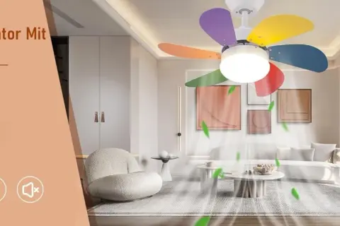 Kolorowy żyrandol wentylator do salonu, estetyczne i ciche modele, dodaje uroku wnętrzu.