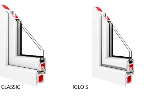 Porównanie profili okien Drutex Iglo 5 Classic i Iglo 5. Widok przekroju profili okiennych.