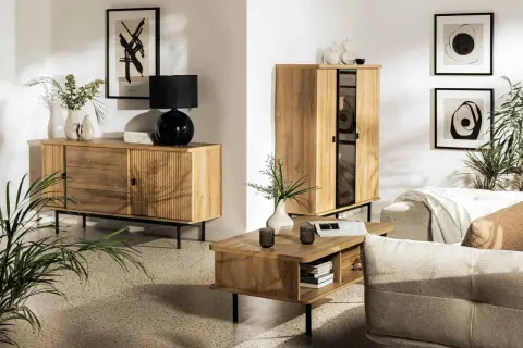 Salon z drewnianymi meblami, czarną lampą i roślinami. Idealny przykład, jak połączyć styl loftowy z przytulnym boho w jednym salonie.
