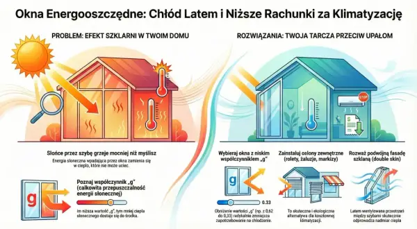 Okna pasywne wymagania techniczne a rygorystyczne normy WT 2021: ilustracja pokazuje problem przegrzewania domu latem i rozwiązania, jak okna z niskim współczynnikiem "g".