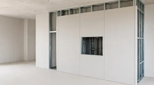 Sucha zabudowa płyt g-k ogniochronne, gdzie prawo wymaga ich zastosowania, tworzy ściany z widocznym stelażem i instalacją hydrauliczną.