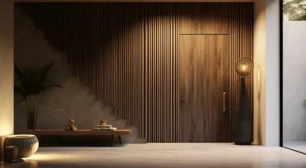Nowoczesny salon z ukrytymi drzwiami w salonie, pomalowanymi tak, by wtopiły się w drewnianą boazerię.