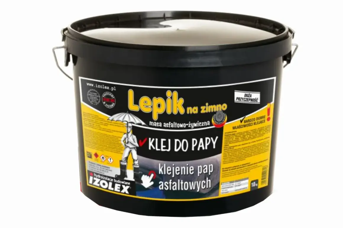 Czarny kubeł z masą asfaltowo-żywiczna "Lepik na zimno". Klej do papy, idealny do klejenia pap asfaltowych, nawet na wilgotne podłoże.