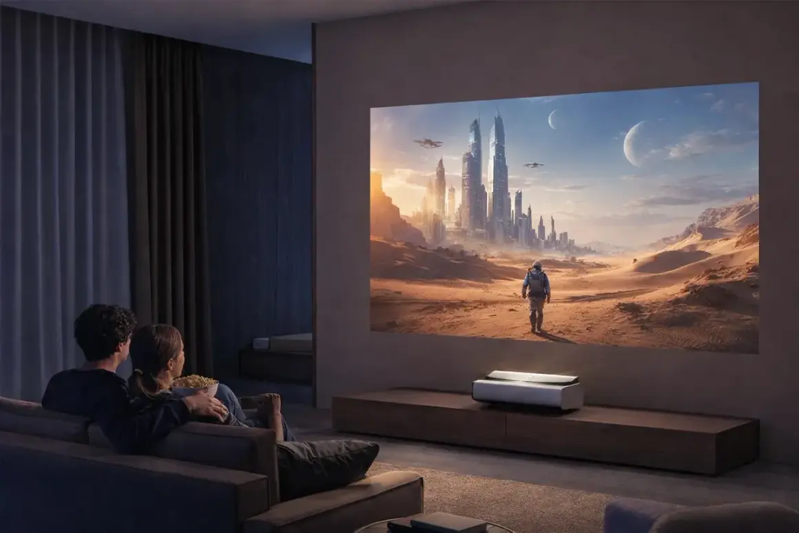 Para w salonie ogląda film science-fiction na wielkim ekranie. Czy projektory krótkiego rzutu zamiast telewizora do salonu to dobry pomysł?