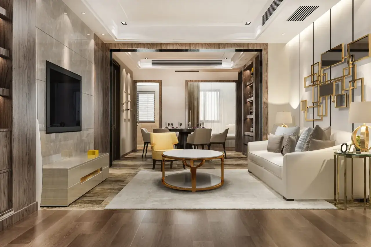Elegancki salon w stylu glamour, gdzie złoto subtelnie podkreśla luksus, a nie przytłacza. Uważaj na nadmiar błyskotek, by uniknąć kiczu.