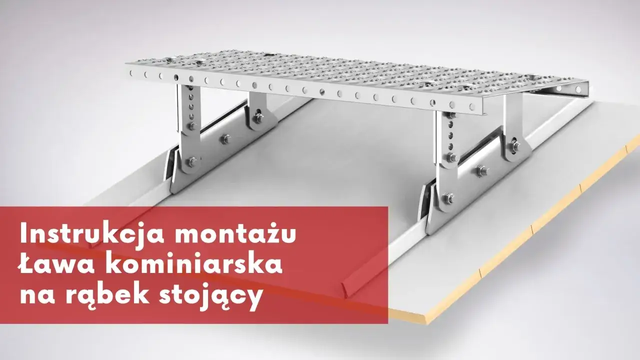 Instrukcja montażu ławy kominiarskiej na dachówce karpiówce bez cięcia łat. Metalowa konstrukcja wsparta na dachówce.